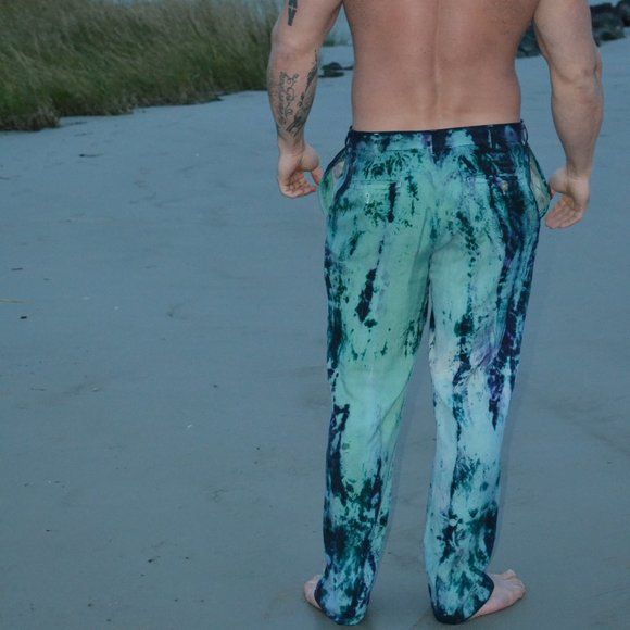Men's silk Tommy Bahama dress pants navy black green 32 30 med large tie dyed - Picture 2 of 10